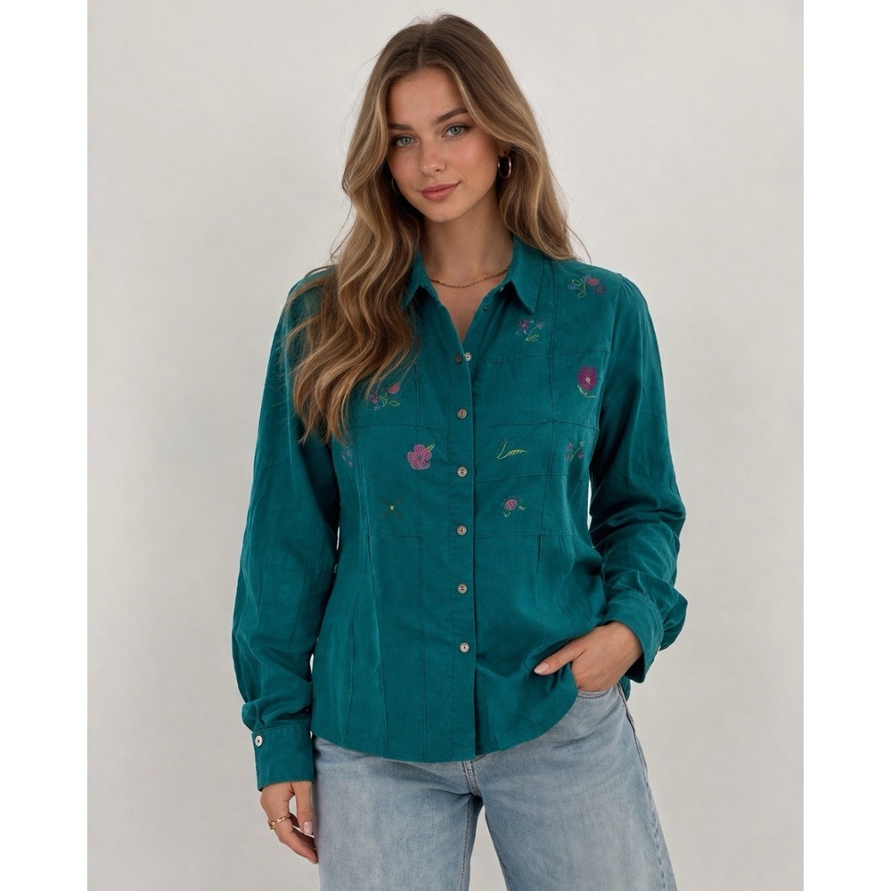 Koret‎ Ladie's Embroidered Button Down Blouse Long Sleeve Size L Turquoise